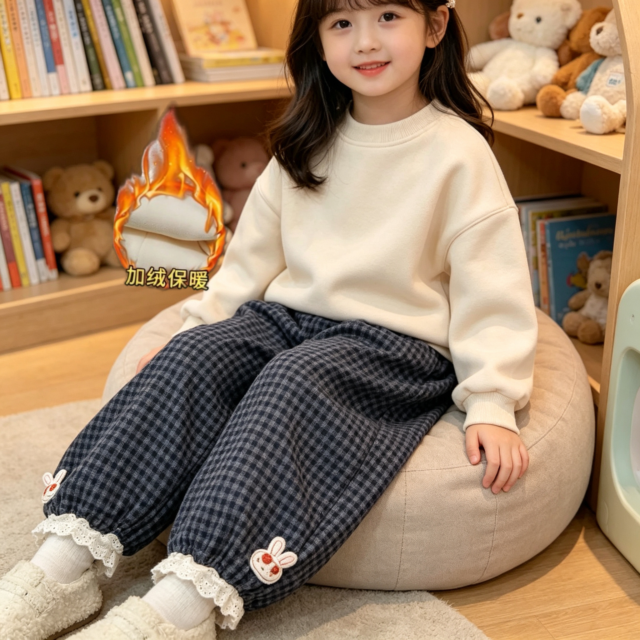 女童裤子2026新款花边格子裤子秋冬幼儿园穿搭爆款韩版束脚裤潮流