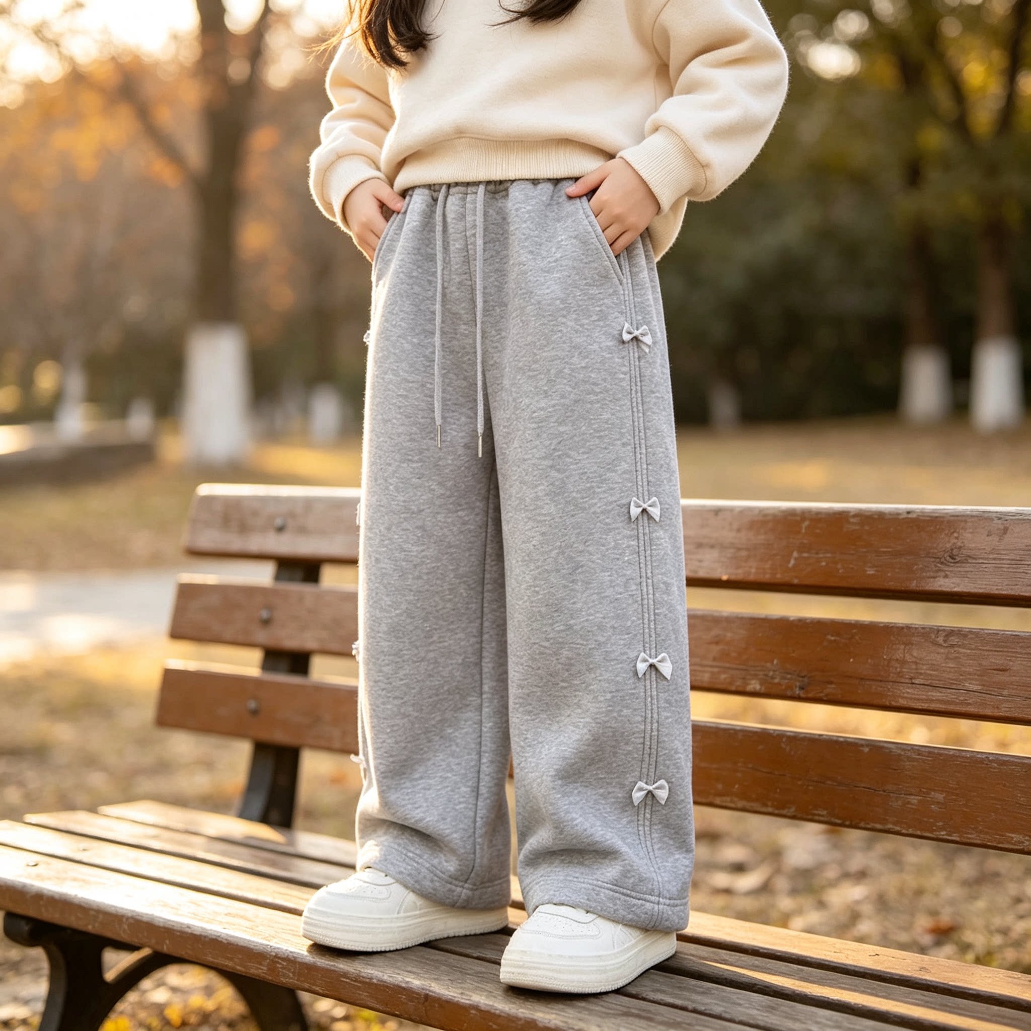 女童加绒卫裤秋冬新款2026儿童冬装韩版洋气阔腿裤女孩直筒休闲裤