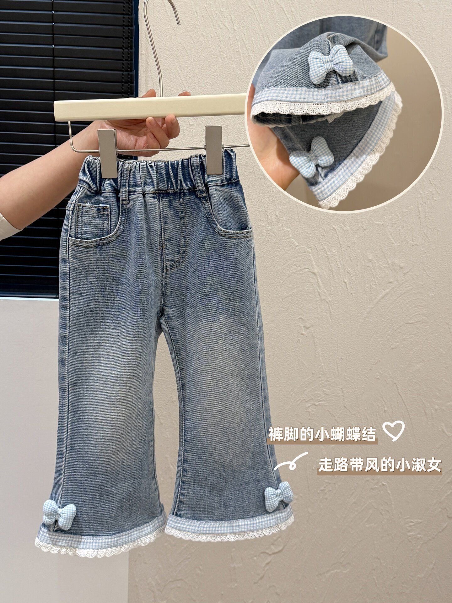 女童牛仔裤春秋新款蓝色蝴蝶结裤子女宝宝休闲长裤儿童裤子童装潮