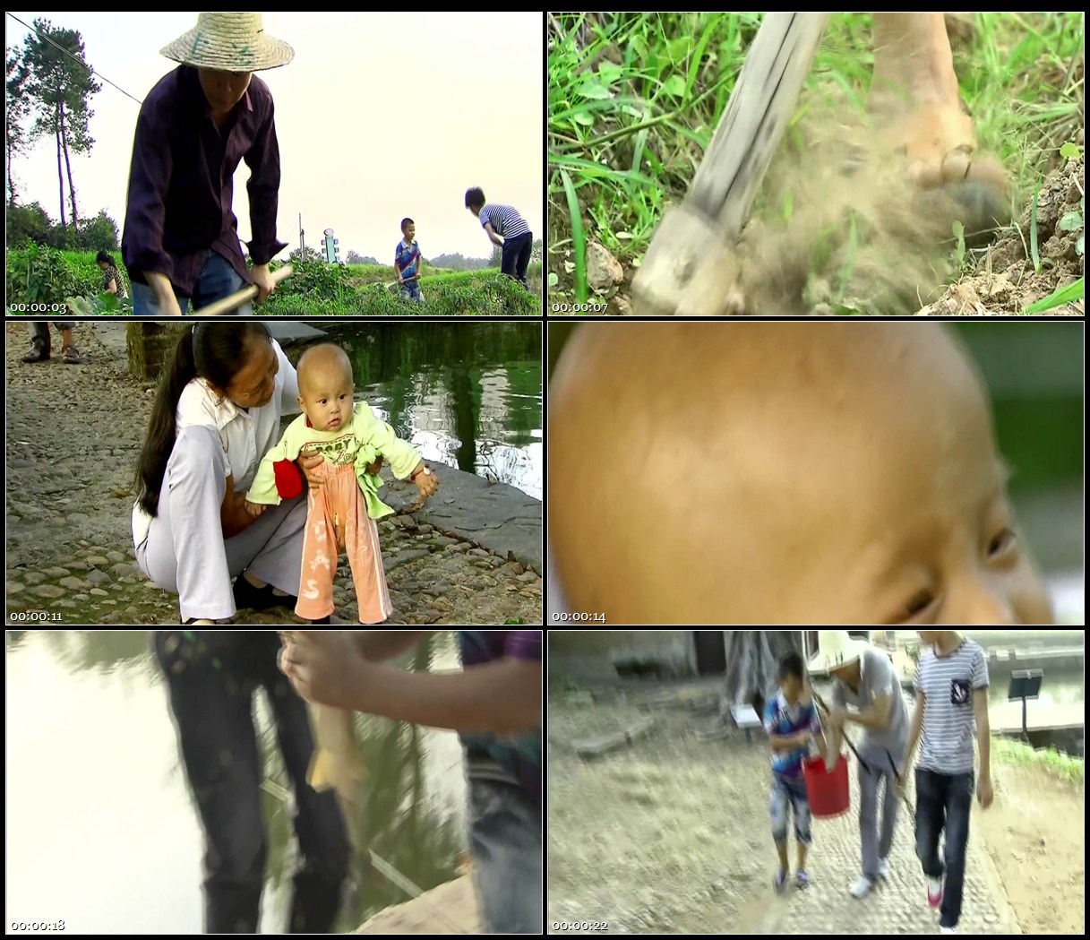 古村村民下地干农活古住宅小孩池塘村民钓鱼鱼高清实拍视频素材