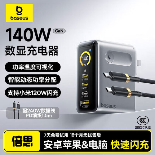倍思数显充140W氮化镓充电器平板笔记本电脑充电头适用华为小米120W苹果iPhone17手机Type-c多口快充屏显插头