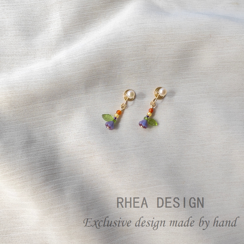 温柔少女气质紫色鸢尾花耳环925银针耳饰玛瑙串珠无耳洞珍珠耳夹