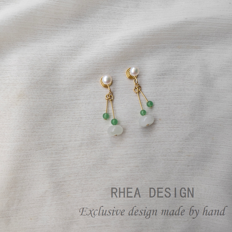 复古新中式珍珠玉石耳钉 简约宫廷风汉服耳坠古典无痛耳夹