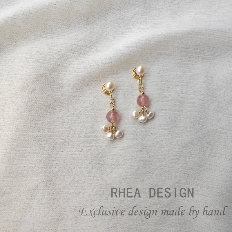 国潮原创手作草莓晶珍珠耳环复古国风新中式小清新耳饰无痛耳夹