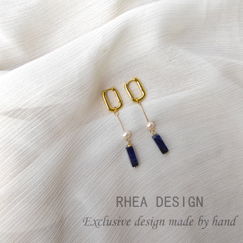 天然珍珠耳环耳圈女原创设计蓝晶石耳饰气质长款耳坠耳扣耳钉