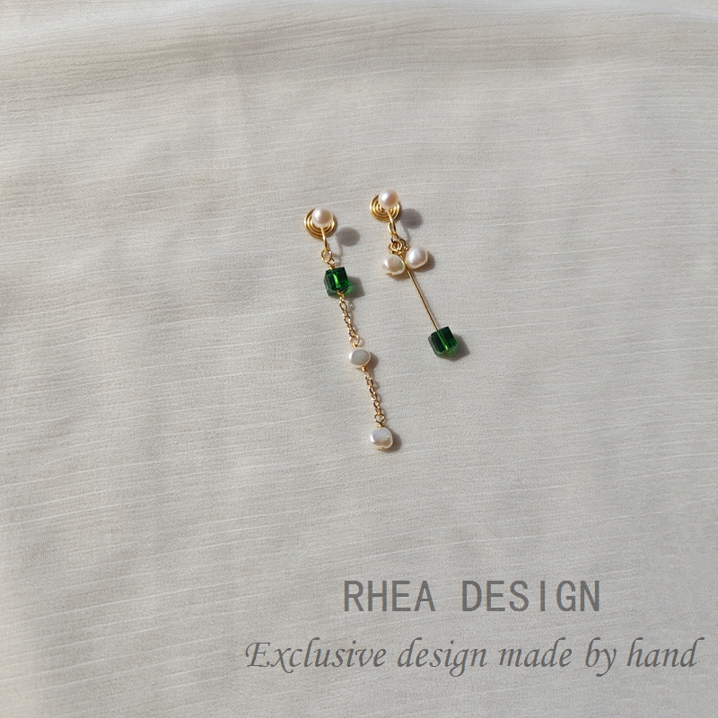 天然巴洛克珍珠耳饰女秋冬高级感绿水晶耳环无洞不对称气质耳夹
