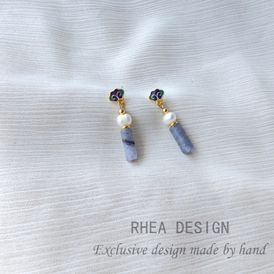 「祥云」新中式蓝色灰天然石长款耳钉女小众古风珍珠气质耳环耳饰