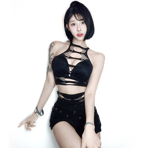 酒吧DS演出服新款女DJ领舞台chic性感辣妹挂脖上衣爵士舞时尚套装