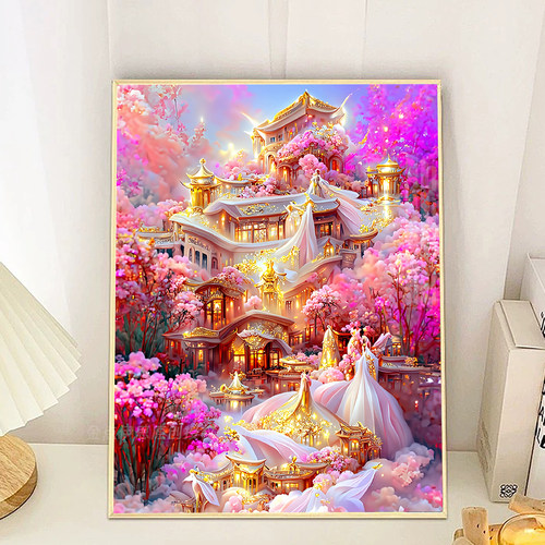 唯美梦幻花园黄金城堡手工钻石画