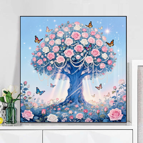 高级感珍珠玫瑰树蝴蝶风景钻石画