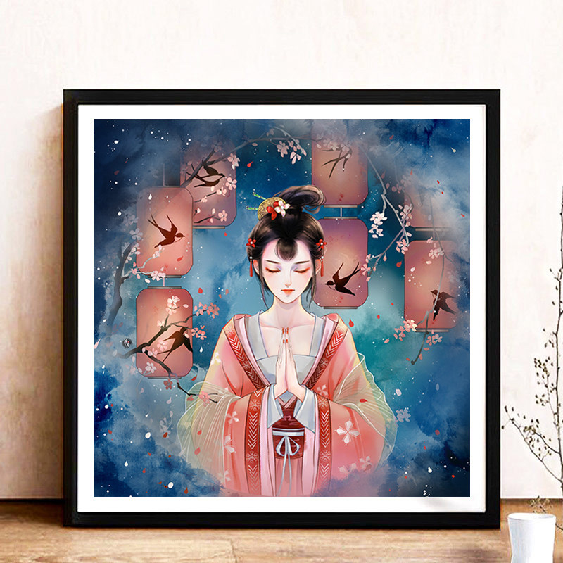 古风许愿少女钻石画满钻新款2023客厅卧室小幅美女5d点贴钻十字绣