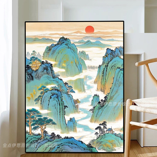 千里江山图钻石画红日青山迎客松