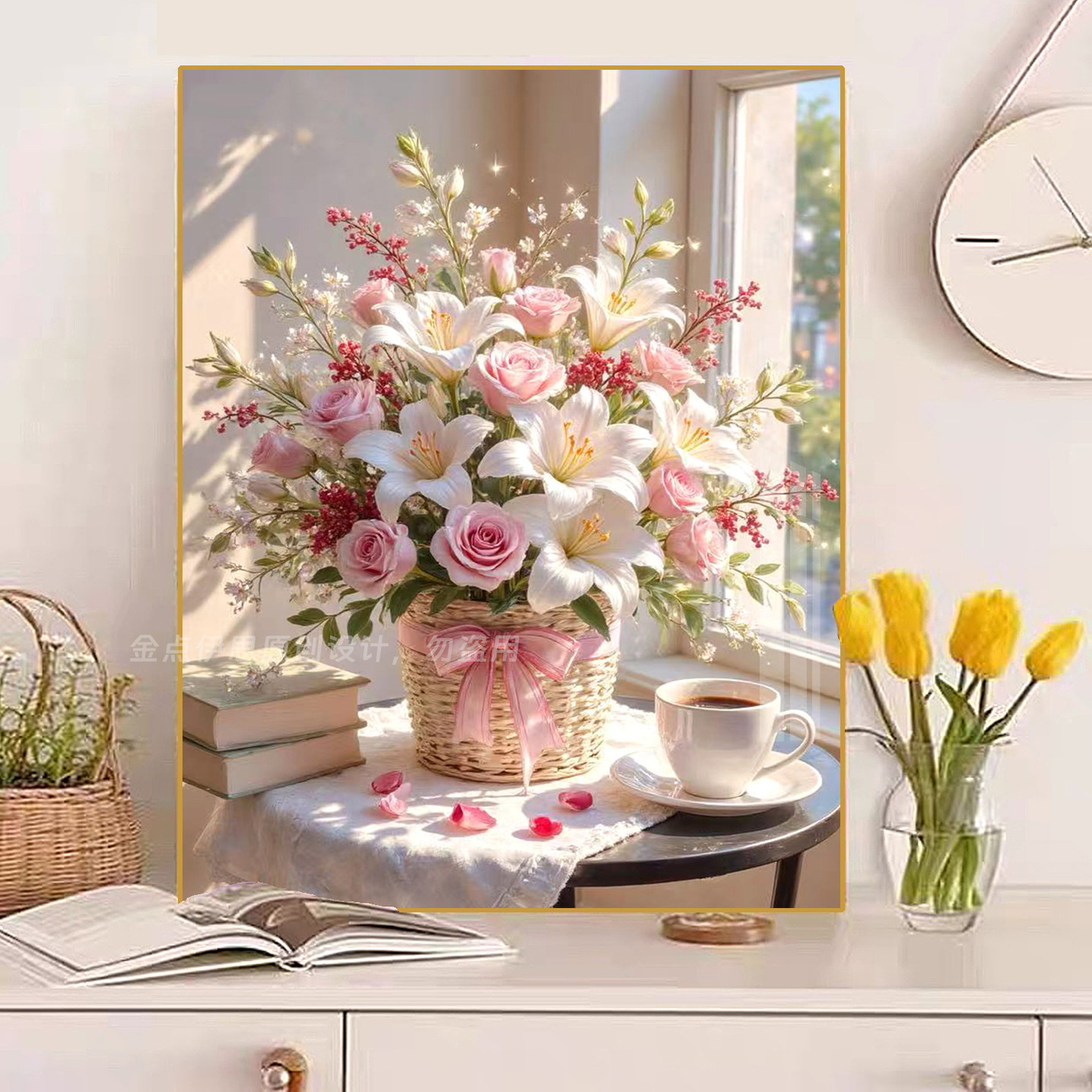 玫瑰百合花卉风景钻石画2025新款手工5d点贴钻十字绣客厅餐厅满钻