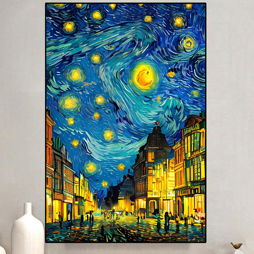 梵高星空街头手工钻石画竖版点钻