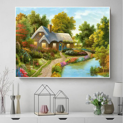 欧式风景钻石画田园河边小屋满钻
