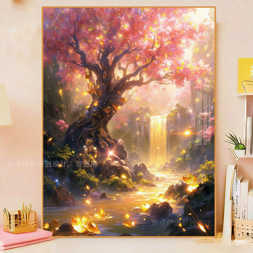 高级感樱花树瀑布流水生财钻石画