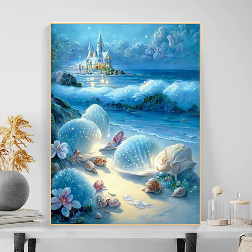 蓝色海边沙滩贝壳城堡风景钻石画