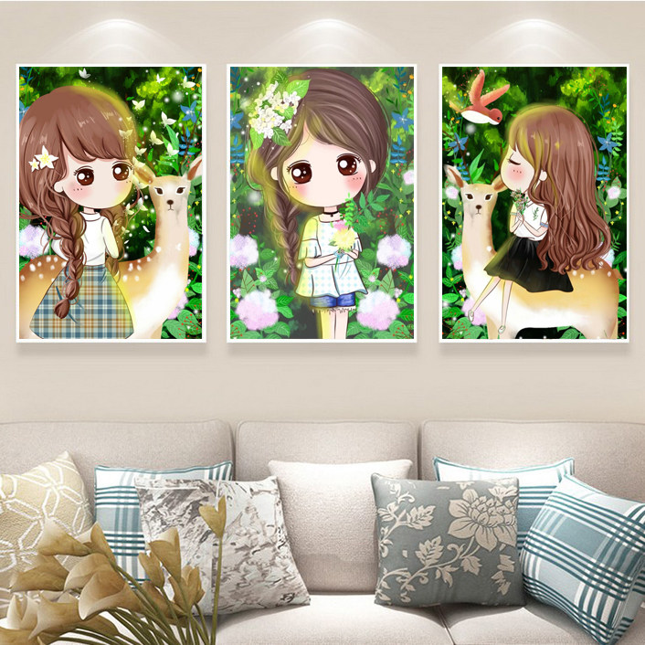 新款5d卡通儿童动漫小幅钻石画女孩动物鹿贴钻十字绣客厅卧室满钻