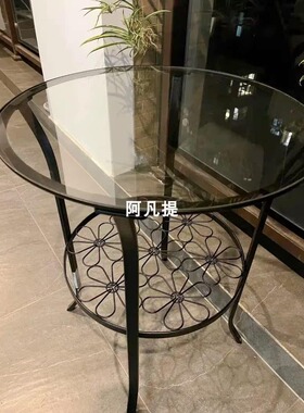 宜家克林斯伯边桌北欧玻璃小圆形桌子黑双层铁艺阳台茶几国内代购