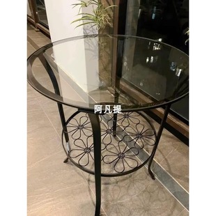 宜家克林斯伯边桌北欧玻璃小圆形桌子黑双层铁艺阳台茶几国内代购