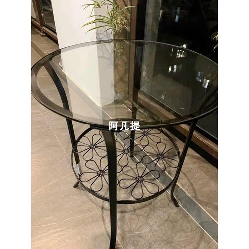 宜家克林斯伯边桌黑色透明玻璃圆