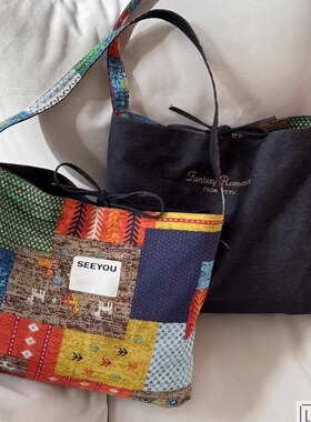 新款AB双面波西米亚牛仔撞色单肩包文艺复古休闲百搭斜挎帆布包