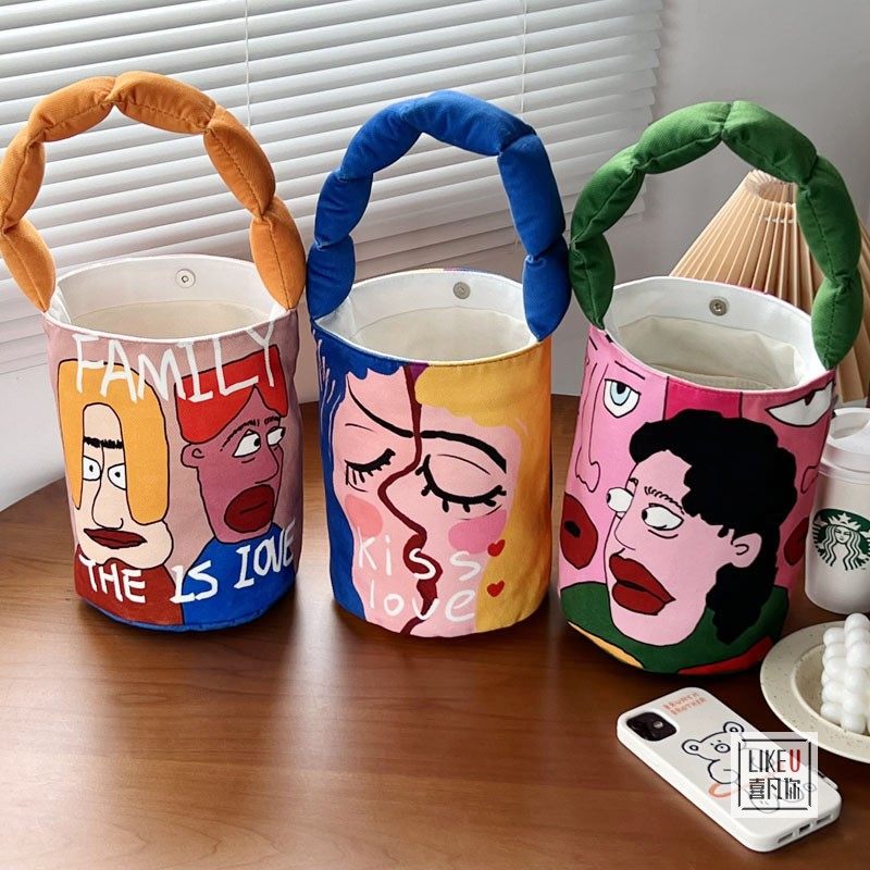 原创设计新款ins韩版创意搞怪插画水桶手提帆布学生便当餐盒包女,箱包皮具/热销女包/男包,通用款女包,淘宝优惠券,粉丝福利购,淘宝优惠卷