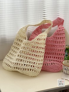 新款 多巴胺韩系高级感手工编织镂空草编包海边度假简约百搭单肩包