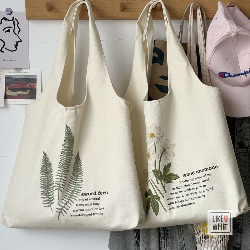 原创植物插画单肩包学生书文艺休闲简约小清新购物通勤帆布包袋女