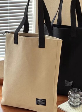 原创设计加高款加厚帆布简约文艺学生通勤托特大容量手提单肩包袋