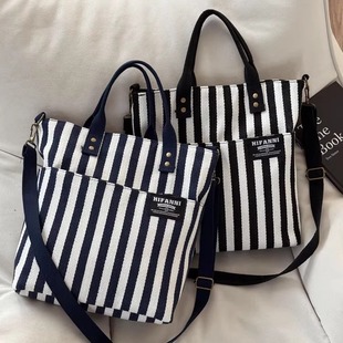 原创自制拉链条纹通勤帆布托特包休闲文艺简约百搭学生手提斜挎包