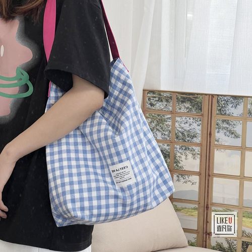 喜凡你格子单肩甜美帆布包