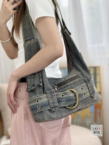喜凡你单肩牛仔布韩系潮酷托特包