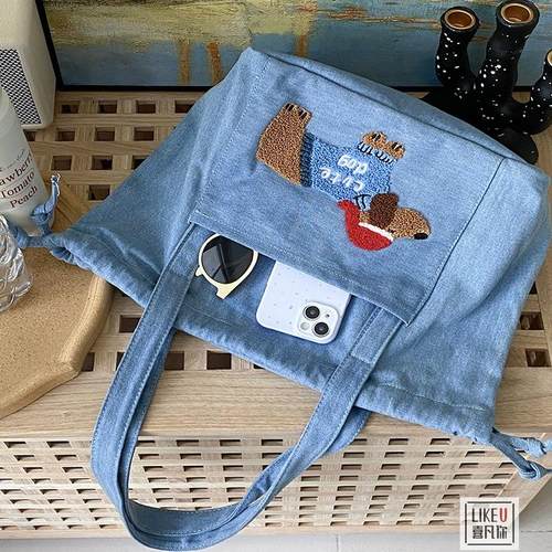 收纳牛仔卡通刺绣帆布包喜凡你女