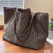 韩系新款 慵懒文艺豹纹单肩双面购物袋格纹学生休闲百搭瑜伽托特包