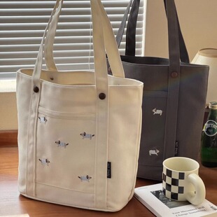 日韩文艺刺绣腊肠狗通勤单肩帆布包日常休闲百搭学生手提托特包袋