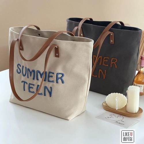 喜凡你帆布包字母刺绣韩系托特