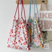 原创韩版 ins复古碎花帆布袋小清新花环保单肩出游手提沙滩包