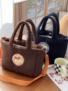 加厚新款 日韩卡通可爱羊羔绒手提斜挎包毛绒绒简约学生百搭托特包