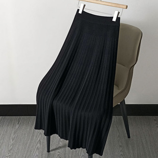 针织半身裙女秋冬高腰显瘦中长款裙子加厚长裙显瘦黑色针织裙半裙