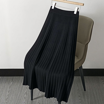 针织半身裙女秋冬黑色中长针织裙