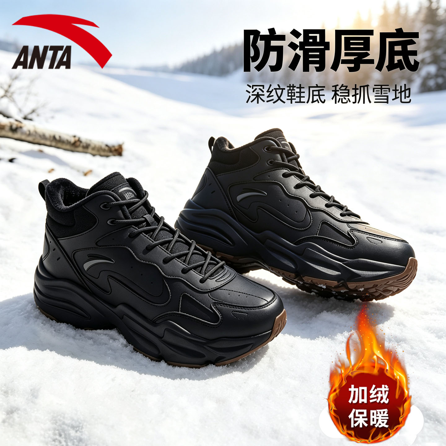 安踏加绒鞋子男冬季加厚保暖大棉鞋中帮黑色雪地防滑防泼水运动鞋