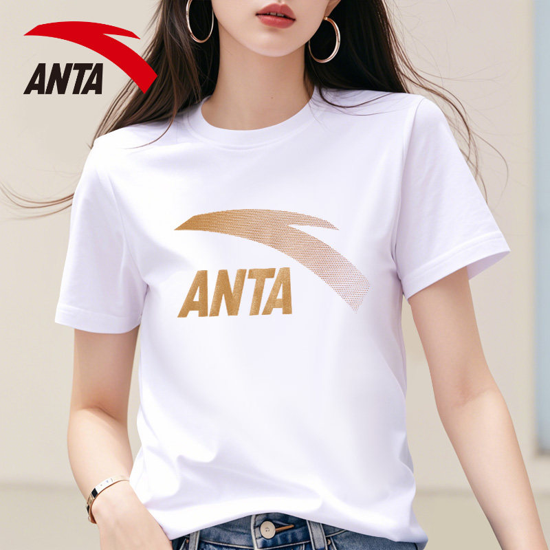 安踏白色短袖t恤女2026新款大logo印花潮流宽松上衣女生半袖体恤