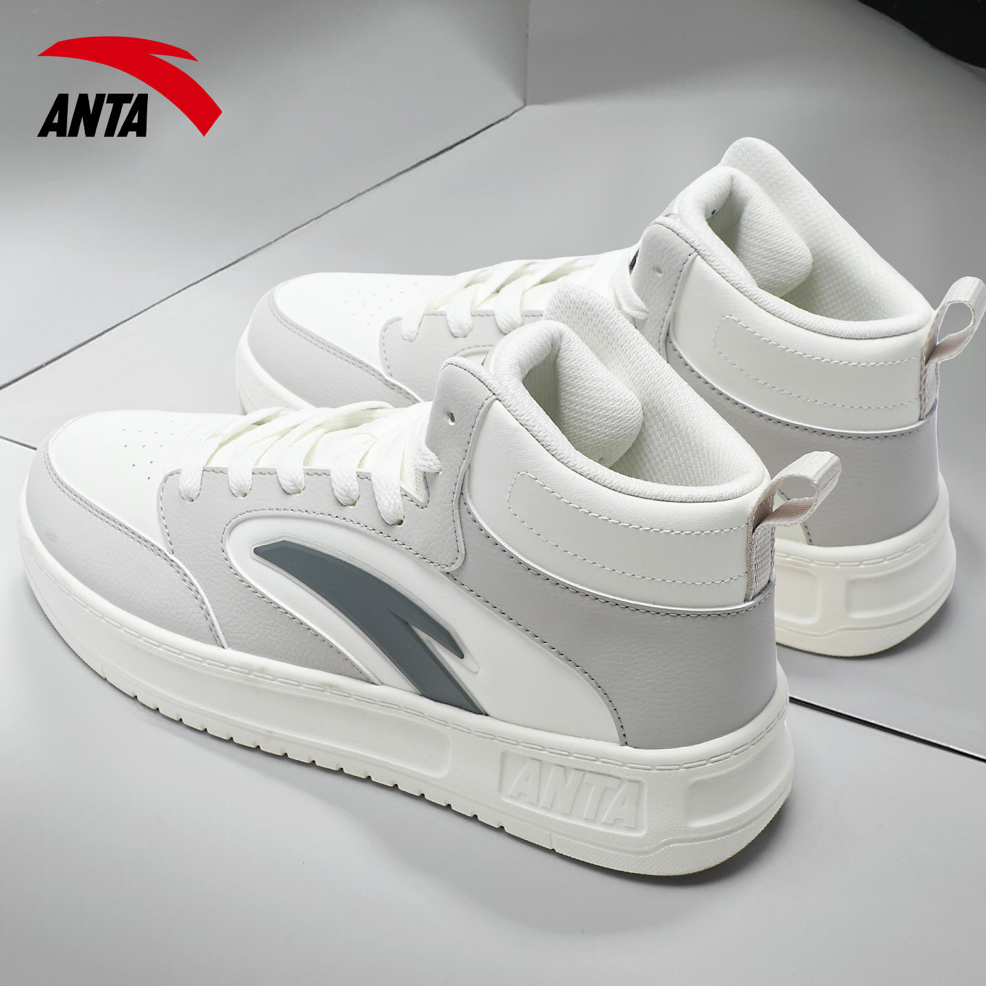 安踏男鞋2026新款皮面保暖高帮鞋子男厚底增高轻松板鞋休闲运动鞋