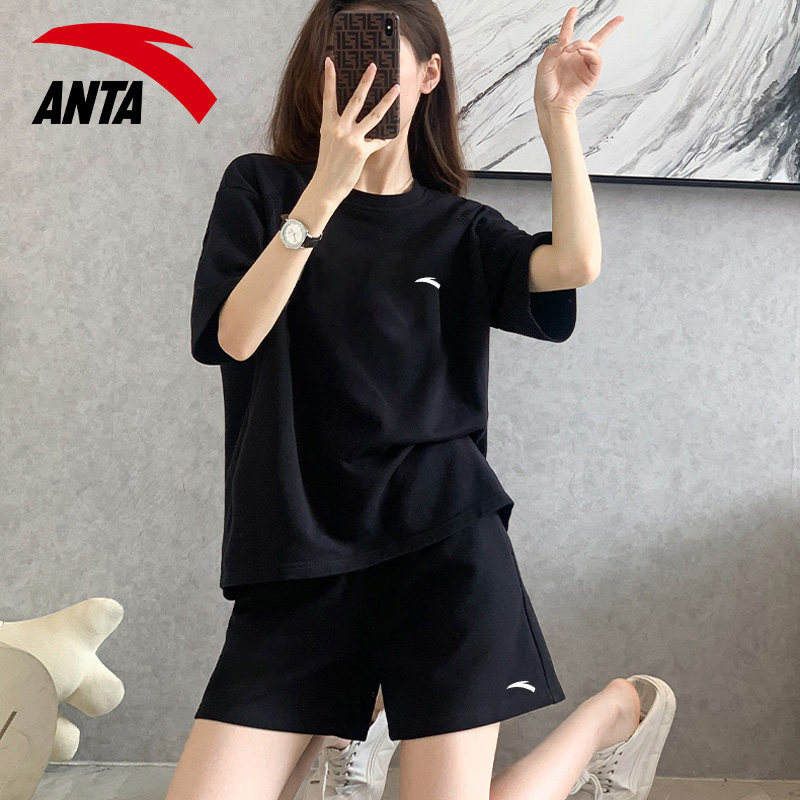 安踏运动服套装女装夏季宽松短袖t恤短裤休闲跑步健身速干两件套_虎窝淘