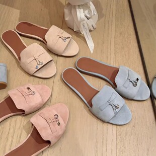 LP法式流苏锁扣外穿一字穆勒半拖鞋女夏季圆头露趾平底凉拖鞋半拖