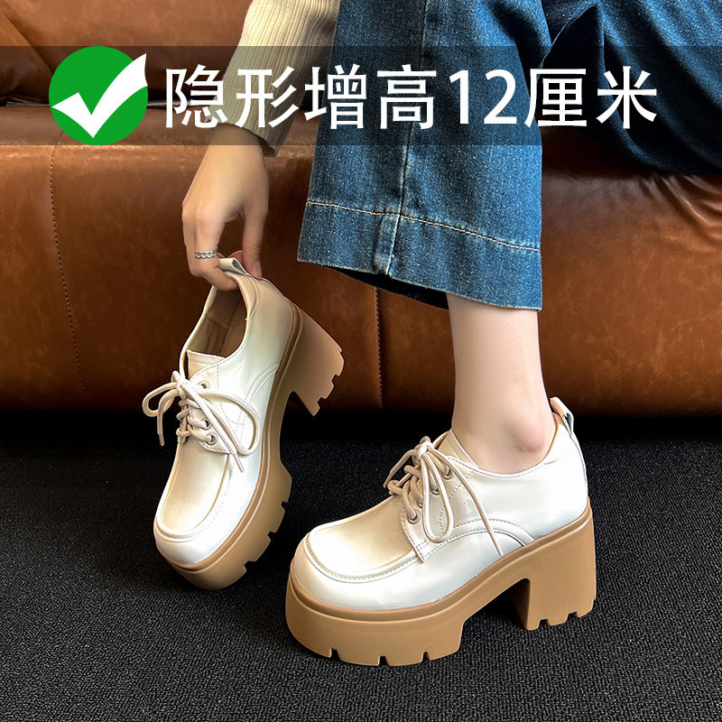厚底白色小皮鞋2025春新款真皮内增高女鞋松糕鞋粗跟高跟系带单鞋