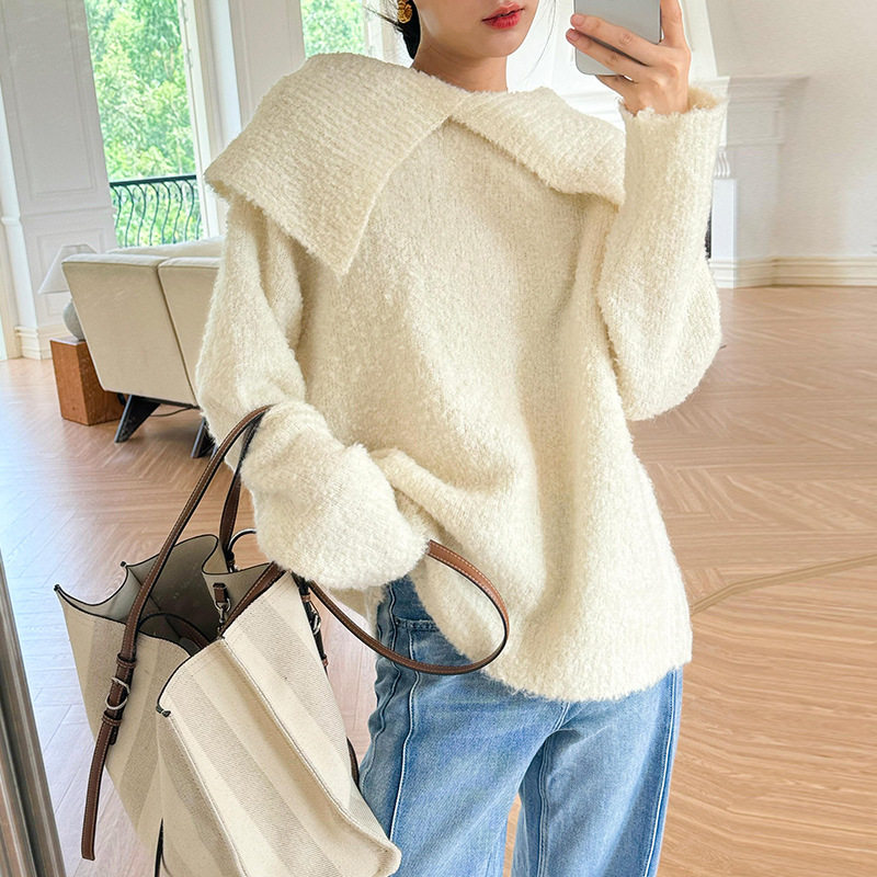 秋冬新款中长款法式套头毛衣女加厚大翻领外贸女装宽松针织衫