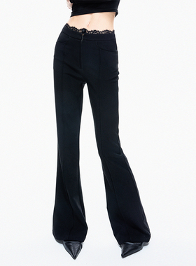 EMPTY PAGE黑色蕾丝拼接双腰头西装面料休闲裤微弹显瘦喇叭裤长裤
