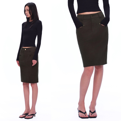 咖啡色灯芯绒铆钉铅笔半身裙